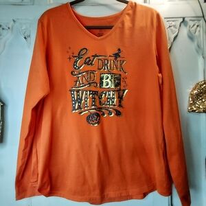 Orange Crew Neck Long Sleeve Graphic T-Shirt